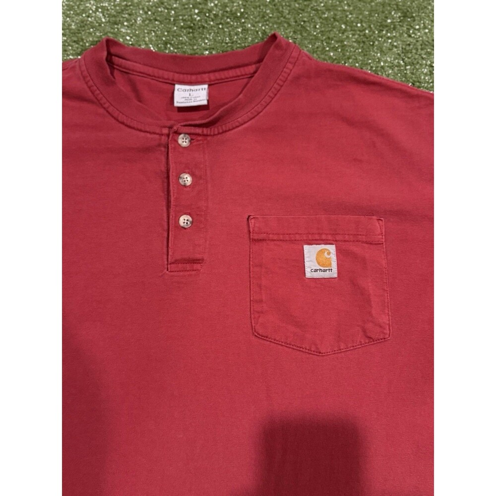 VINTAGE Carhartt Red Henley Pocket T-Shirt Sz Large Adult Short Sleeve